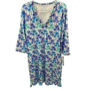 NEW BEACHTIME women's ruffle v-neck and hem blue palms dress in blue